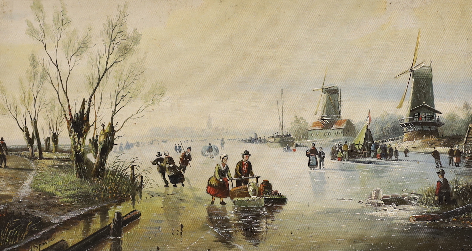 After Jan Jacob Spohler (1811-1866), oil on canvas board, Dutch winter landscape with figures skating, 23 x 43cm